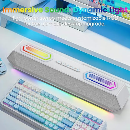 Deeyaple Computer Speakers, 40W Wireless Soundbar for Desktop PC with Bluetooth 5.3 & USB Audio, Dynamic RGB Lighting, Software Custom EQ, External Power Adapter Gaming Speakers, Laptop, Xbox (White)