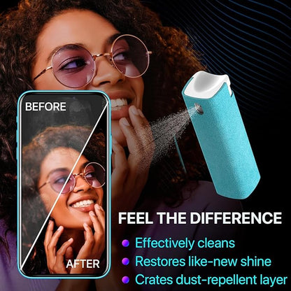Mini Screen Cleaner Spray – Finger Proof Screen Cleaner for Smartphones, iPads, MacBooks, Laptops, Car Screens, Touchscreens – 3in1 Mist Cleaner, Microfiber Cloth and Cover (Orange)