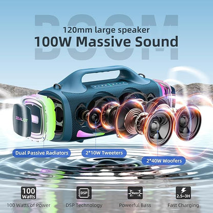ZEALOT Bluetooth Speaker, 110W Peak(100W) Booming Sound Speakers Wireless, Dual Pairing, XBass, BT 5.3, 24000mAh Power Bank, Portable Outdoor Waterproof Speaker for Camping, Beach Party（Dark Blue