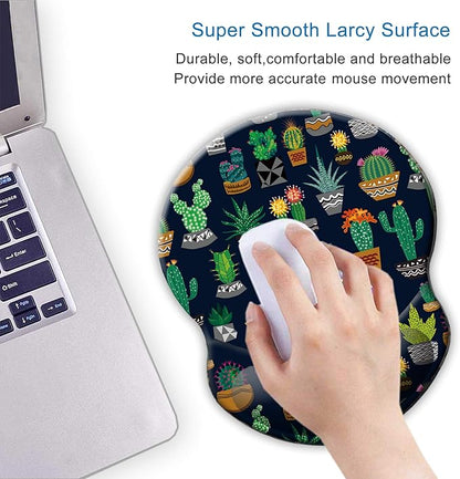ITNRSIIET Ergonomic Mouse Pad with Gel Wrist Support Small Wrist Rest Smooth Surface Non-Slip PU Base Comfortable Office Supplies Pain Relief, 8.7 x 7.2 inches, Cute Cactus with Black Design