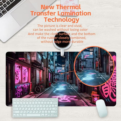 Desk Pad, Anime City Street Scene Desk Mat, Pink Neon Street Large Gaming Mouse Pad for Desk, 31.5"x15.7" Extended Big Computer Keyboard Mouse Pad with Non-Slip Base and Stitched Edge