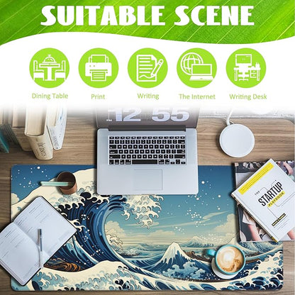 Desk Mat,Blue Japanese Sea Wave Desk Pad,Japanese Sea Wave Large Gaming Mouse Pad for Desk,Extended Big Computer Keyboard Mouse Pad with Non-Slip Base and Stitched Edge,35.4"x15.7"