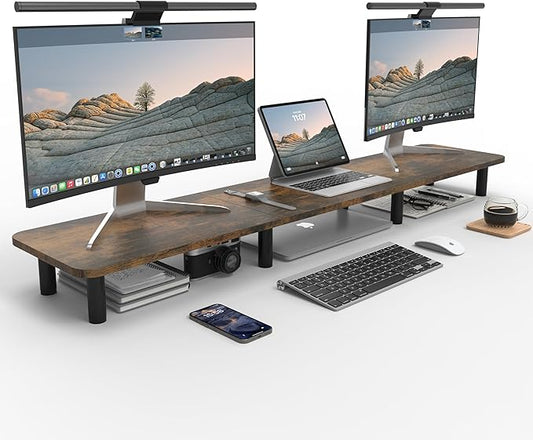 WEGASTU Dual Monitor Stand - 43.7 inch Extra Long Wide TV Stand - Wood & Steel Leg Desktop Riser - Desk Organization - Home Office (Vintage)