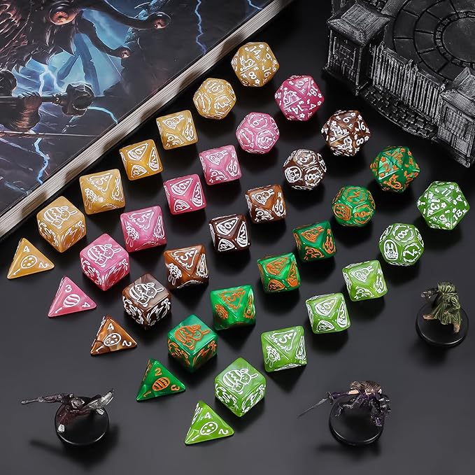 CiaraQ Polyhedral Dice Set, 5 Colors with 5 Decorative Pouches, 7 Pieces per Set, Fantasy RPG Gaming Dice/DND Dice/Role Playing Dice, Easter Themed