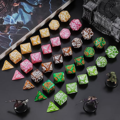 CiaraQ Polyhedral Dice Set, 5 Colors with 5 Decorative Pouches, 7 Pieces per Set, Fantasy RPG Gaming Dice/DND Dice/Role Playing Dice, Easter Themed