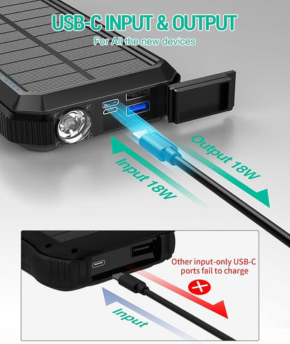 BLAVOR Solar Power Bank, PD18W QC3.0 Fast Charging 10W Wireless Charger 20000mAh Solar Powered Powerbank with Type C Input/Output, IPX5 Waterproof, Camping Flashlight, Compass, Carabiner