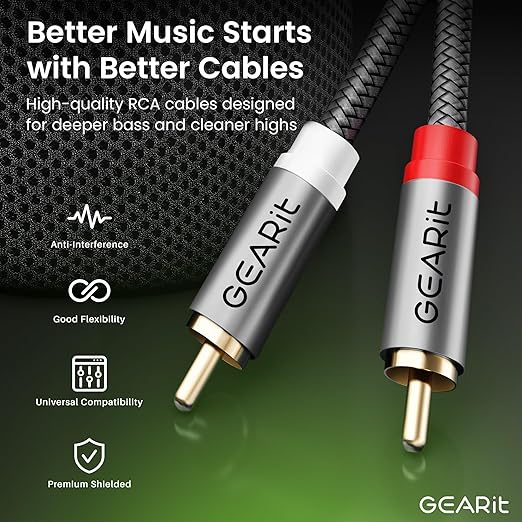 GEARit RCA Cable (6.6FT) 2RCA Male to 2RCA Male Stereo Audio Cables Shielded Braided RCA Stereo Cable for Home Theater, HDTV, Amplifiers, Hi-Fi Systems, Car Audio, Speakers, 6.6 Feet