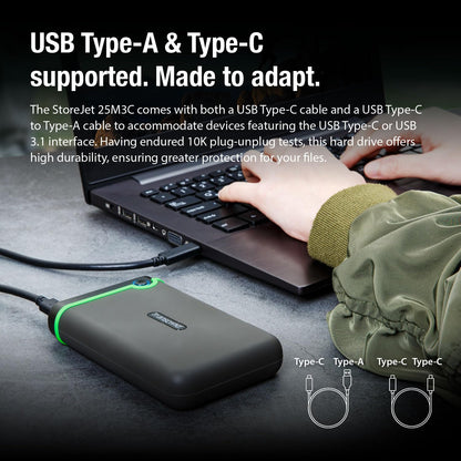 Transcend StoreJet 2TB Rugged External Hard Drive, for PS4/PC/Mac/Desktop, Laptop/Xbox One/Xbox 360, USB3.1Gen1(5Gbps) Type-C Portable HDD/One Touch Auto-Backup Button/Anti-Shock Resistant-TS2TSJ25M3C