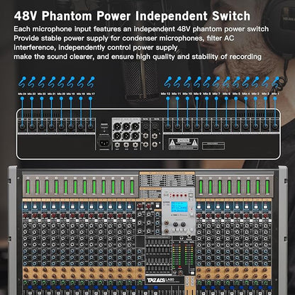 Professional Audio Mixer, 24 Channel Sound Board Mixing Console, Dual DSP Reverb, Dual 7-Band EQ, 48V Phantom Power, 4 Group Stereo Output Input, Mixer for Church