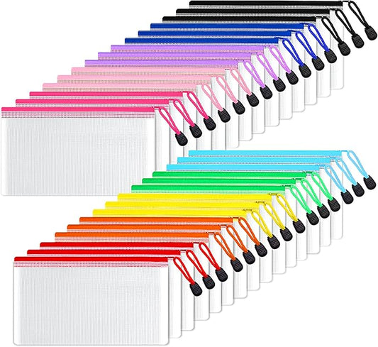 SUNEE Zipper Pouch 4x9 in (6 Colors, 30 Packs), Mesh Pencil Bag, Poly Pencil Pouches, for Bills, Cosmetics, Stationery, Travel Storage