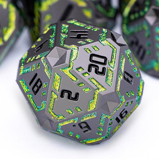 OGCOPHEN Metal DND Sci-fi Dice Set 7PCS Stripe Polyhedral Dice for Dungeons Dragons RPG Role Playing Game, Glitter D and D Dice with Gift Box D6 D8 D10 D12 D20 (Black&Green Yellow)
