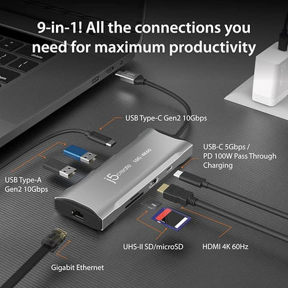 j5create Laptop Docking Station, 9-in-1, 4K60Hz HDMI, USB-C 10Gbps, 2 USB-A 10Gbps, 100W PD with USB-C 5Gbps, Ethernet, SD 4.0 Card Reader, for MacBook, XPS, Surface Pro (JCD393)