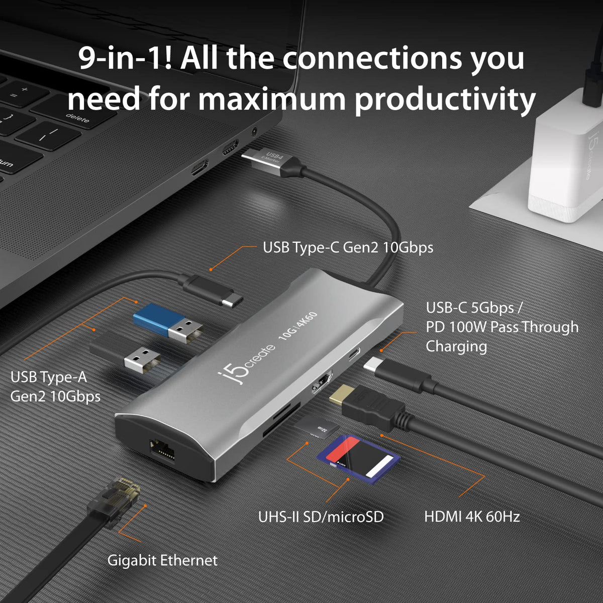 j5create Laptop Docking Station, 9-in-1, 4K60Hz HDMI, USB-C 10Gbps