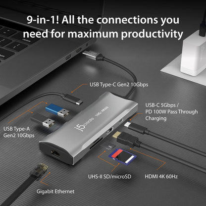 j5create Laptop Docking Station, 9-in-1, 4K60Hz HDMI, USB-C 10Gbps