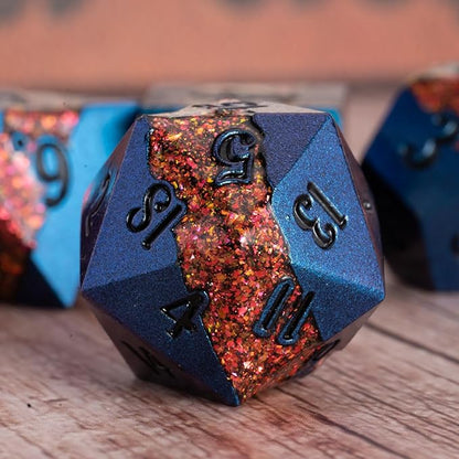 Large Stripe Metal Dice DND,Metallic Solid Crack Glittrer Dice Set with Gift Box,Polyhedral RPG Dice 7pcs Set