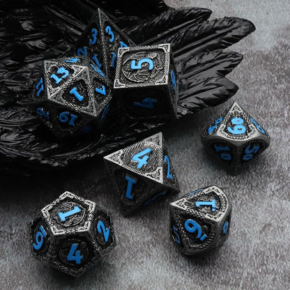 Haxtec Metal DND Dice Set Black Blue Dragon D&D Dice Set with Leather Dice Bag Metal Polyhedral Dice Compatible with Dungeons and Dragons Gifts TTRPG Dice