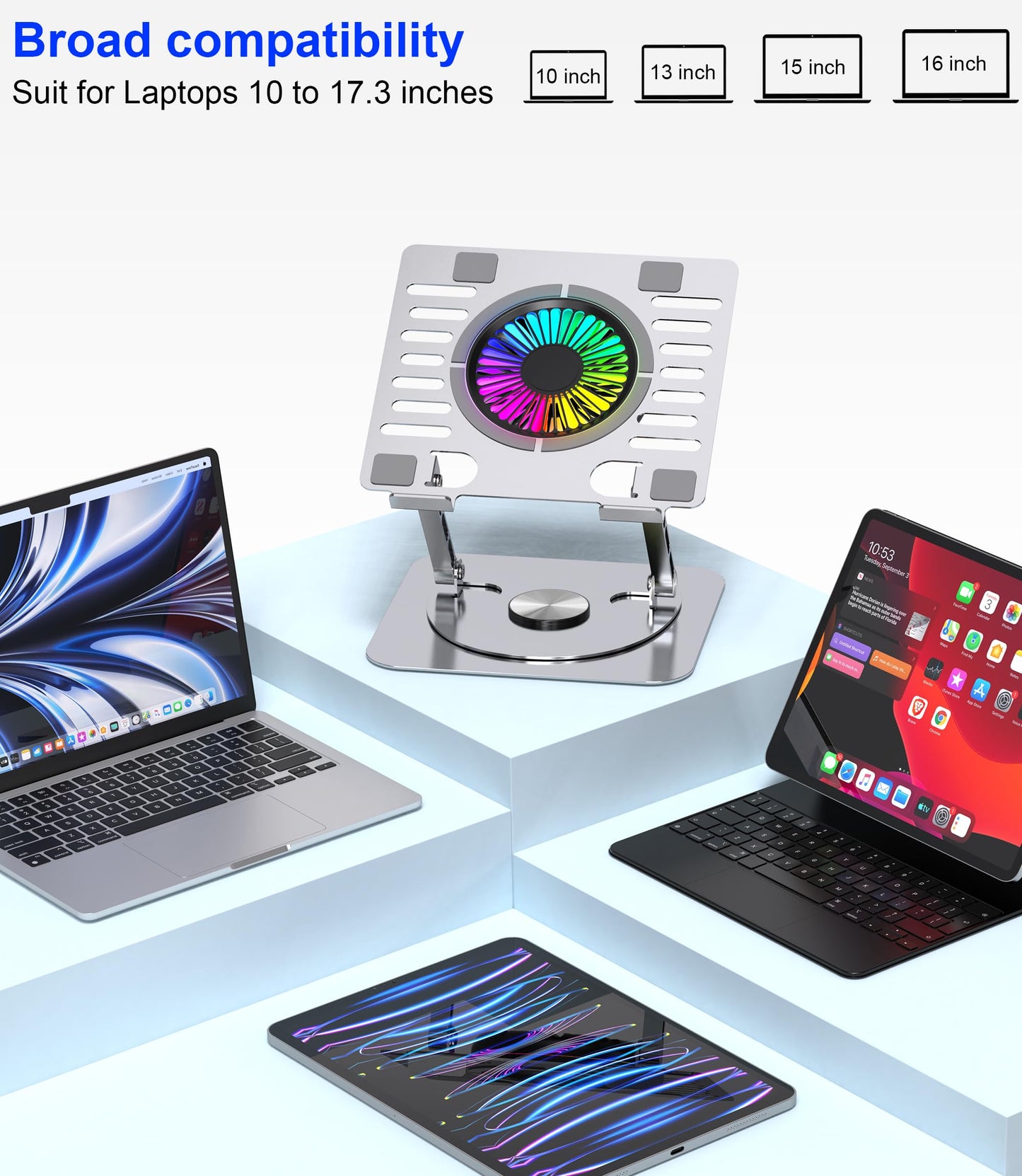 YTech Laptop Stand,with 360°Rotating Base,External Cooling Fan,Adjustable RGB Lighting,Ergonomic Foldable Notebook Computer Holder.Compatible with All 10-17" Laptops Tablets,Silver