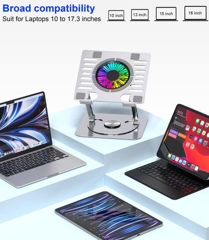 YTech Laptop Stand,with 360°Rotating Base,External Cooling Fan,Adjustable RGB Lighting,Ergonomic Foldable Notebook Computer Holder.Compatible with All 10-17" Laptops Tablets,Silver