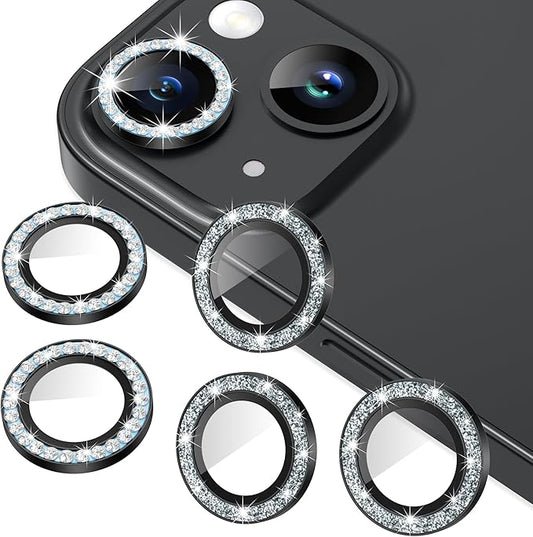 AGVEE 3+3 6 Pack for iPhone 15 6.1" / 15 Plus 6.7" Camera Lens Protector, Bling Diamond & Bling Glitter Metal Ring 9H Tempered HD Glass Camera Cover Film, Bling-Black