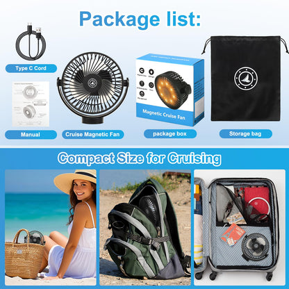 Fanopera Magnetic Cruise Fan with 12000mAh Battery - Portable Cabin Air Circulator, 3-Speed LED Desk Fan with Timer, Power Bank & Ceiling/Wall Mount, Cruise Ship Approved for Travel (Black)