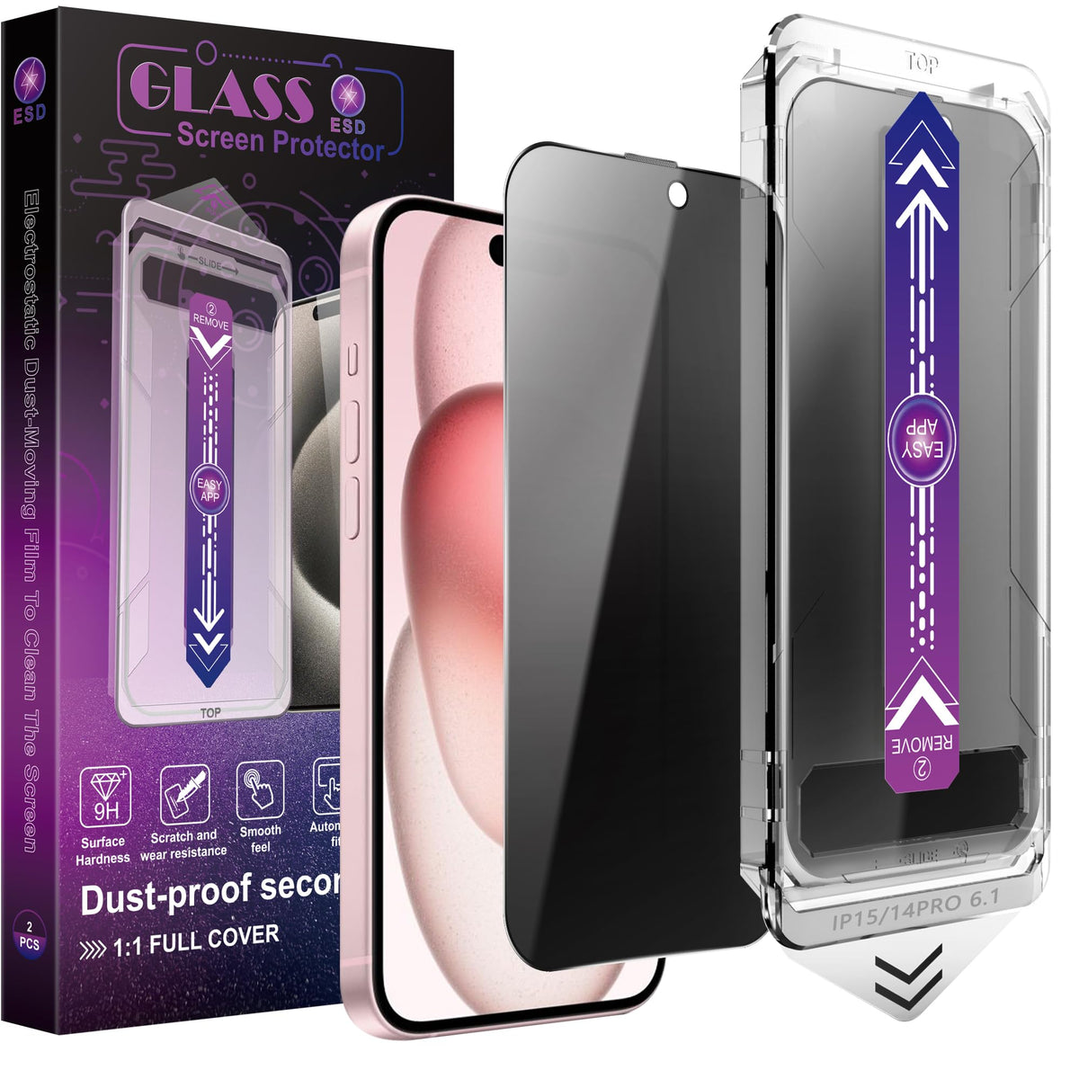 CHRYSHA 2-Pack Screen Protector Tempered Glass for iPhone 15 Pro 6.1-Inch, Auto Dust Removal, No Bubbles, High Definition Clear, Easy Installation