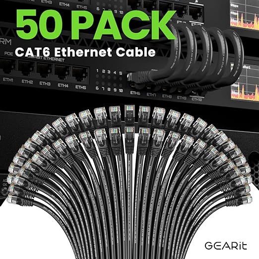 GEARit Cat 6 Ethernet Cable Pack - 50-Pack 1.5 ft Cat6 Ethernet Patch Cables | RJ45 Network Patch Cable, 10 Gbps Snagless Gold-Plated Connectors - Ethernet Cable Cat 6 for PC, TV, Router - Black