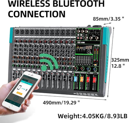 Depusheng PA12 Professional Audio Mixer Sound Board Console Desk System Interface 12 Channel Digital USB Bluetooth MP3 Computer Input 48V Phantom Power Built-in 256 Reverb Effect, Black