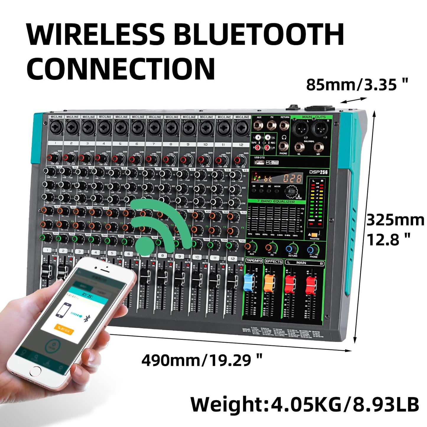 Depusheng PA12 Professional Audio Mixer Sound Board Console Desk System Interface 12 Channel Digital USB Bluetooth MP3 Computer Input 48V Phantom Power Built-in 256 Reverb Effect, Black