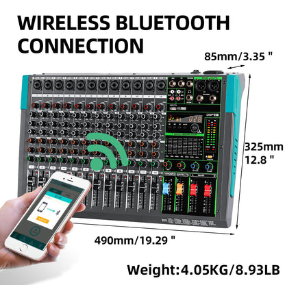 Depusheng PA12 Professional Audio Mixer Sound Board Console Desk System Interface 12 Channel Digital USB Bluetooth MP3 Computer Input 48V Phantom Power Built-in 256 Reverb Effect, Black