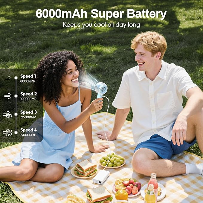 Misting Portable Handheld Fan, Powerful Turbo Motor, 6000mAh Rechargeable Battery, Personal Mini Fans with 4 Strong Wind, Cooling Gadgets for Travel, Camping, Beach, Outdoor, Gifts for Women Men-Blue