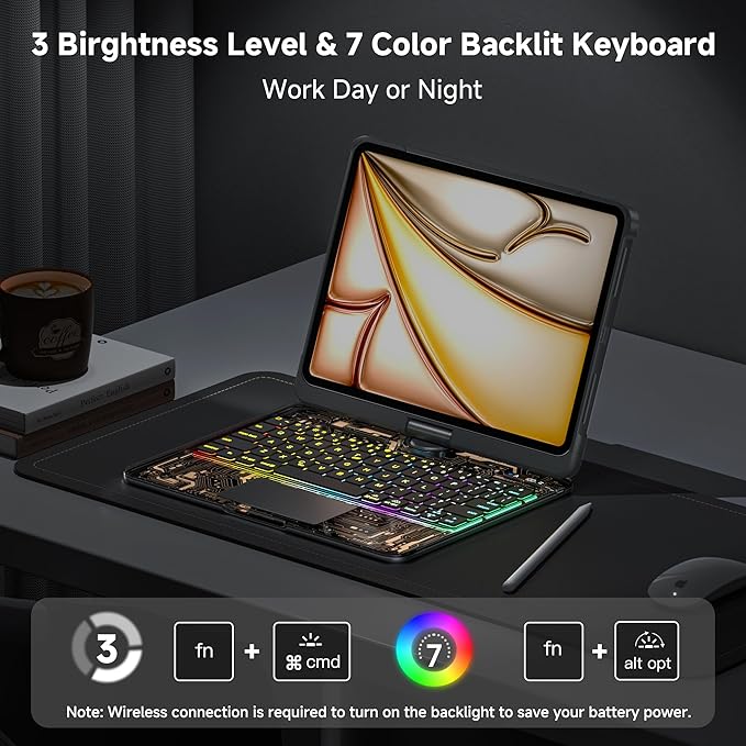 Uminy iPad Keyboard Case for 2024 M4 iPad Pro 13 inch, Magic Wireless Keyboard with Trackpad 7 Color Backlit, 360° Rotating Stand Transparent Protective Cover with Pencil Holder (Black)