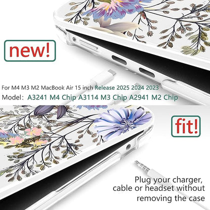 TWOLSKOO Compatible with M4 MacBook Air 15 inch Case 2025-2023 Released Model M4 A3241 M3 A3114 M2 A2941, Plastic Hard Shell & Screen Protector & Keyboard Cover & Type C Adapter, Garden Flower