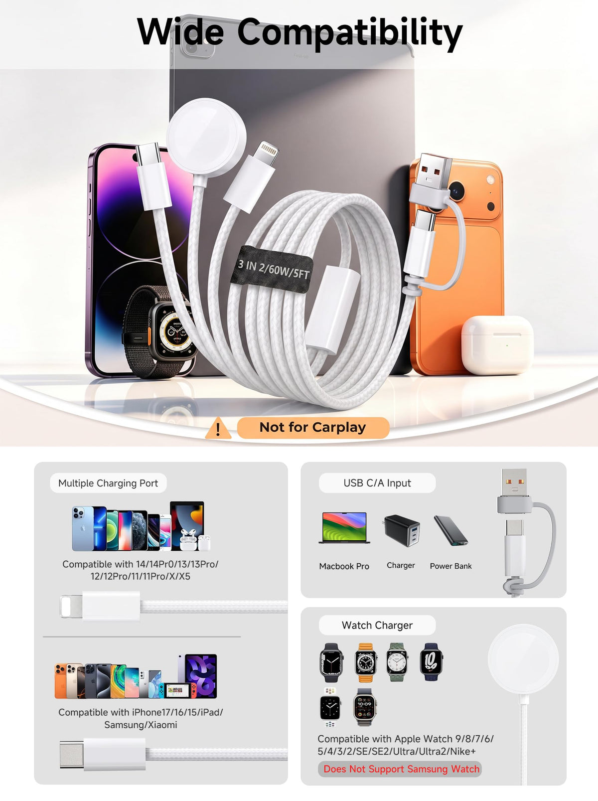 【60W 5FT】for Apple Watch Charger Fast Charging, 3-in-2 Multi Charging Cable, Nylon Braided USB C/L iWatch Charger Cord for iWatch Series Ultra 3/2/SE/11/10/9/8/7/6/5, iPhone 17 15 16 Pro Max/14/13/12