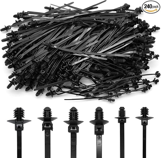 240 Pcs Push Mount Cable Ties Assorted Sizes, Black Nylon Push Mount Zip Ties Wire Harness Clips, 6-Types Snap in Zip Ties Self Locking Automotive Wire Ties for Wire Tying, Automotive