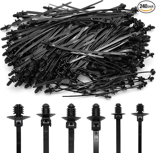 240 Pcs Push Mount Cable Ties Assorted Sizes, Black Nylon Push Mount Zip Ties Wire Harness Clips, 6-Types Snap in Zip Ties Self Locking Automotive Wire Ties for Wire Tying, Automotive