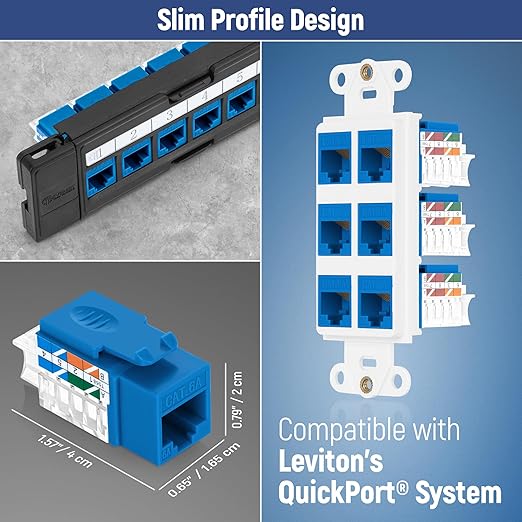 Everest 45° Angled RJ45 Cat6A Keystone Jacks 50-Pack in Blue - Slim Profile Female RJ45 Connectors - Cat 6A Keystone Jack - Compatible with 45° Angled Speed Termination Tool - 45Term (B0BL3GS7ZY)