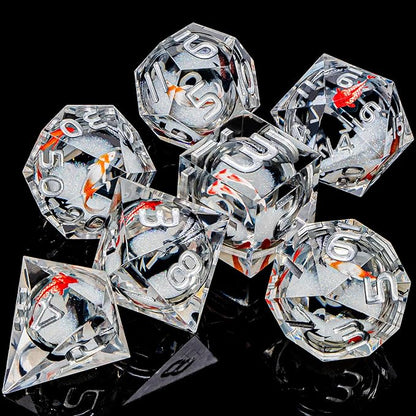ARUOHHA DND Dice Set Liquid Core Koi Fish Sharp Edged Dragons Dice Compatible with D&D Role Playing Game, RPG Handmade Resin Dungeons Polyhedral D and D Dice Set D20 D12 D10 D8 D6 D4