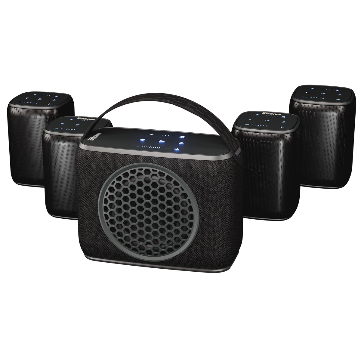 Rocksteady Stadium 4 Bluetooth Speaker & Subwoofer Bundle – 4 Speakers + Sub | Portable Multi-Room, Indoor/Outdoor System | Up to 30-Hr Battery | 150 ft Range
