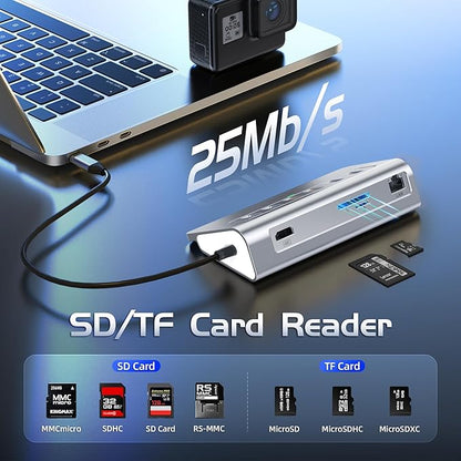 USB C Hub Ethernet, 10Gbps USB Docking Station 10-in-1 with 4K@60Hz HDMI, USB C and 2 USB A 3.2 Data, LAN, 2 USB A 2.0, PD 100W, SD/TF Ports, 3.28FT Powered USB Hub for Laptop, PC, iPhone 16/15, Mac