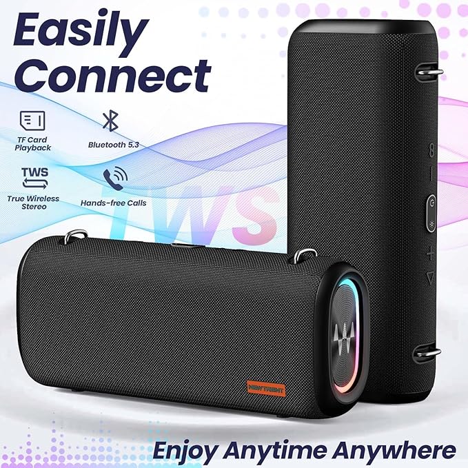 Vibe Pro Outdoor Bluetooth Speaker, 80W Peak Loud Portable Wireless Speaker, Waterproof IPX65, Deep Bass, RGB Lights, Studio Quality Sound Powered by Waves Audio, Party & Pool Ready (Black)