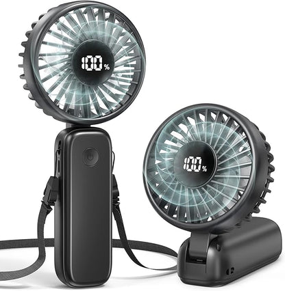 Portable Handheld Fan, 5000mAh Rechargeable Battery, Max 15H Cooling, 4 Speeds, LED Display, Foldable Design, 3-IN-1 Personal Pocket Fan with lanyard for Travel Outdoors Makeup Concert Commute