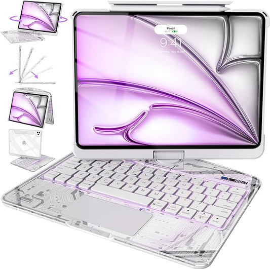 Intermerge for iPad 9th 10.2 inch Keyboard Case, 360° Transparent Multi-Touch Trackpad, 7-Color Backlit Keyboard, Pencil Holder, Type-C, Power Indicator for 9th/ 8th/ 7th - Frost Pulse