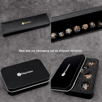 Haxtec DND Dice Set Black Sharp Edge Resin Dice Gold Flakes with Dice Case Black White Gold D&D Dice for RPG Role Playing Games Compatible with Dungeons and Dragons Gift War Series