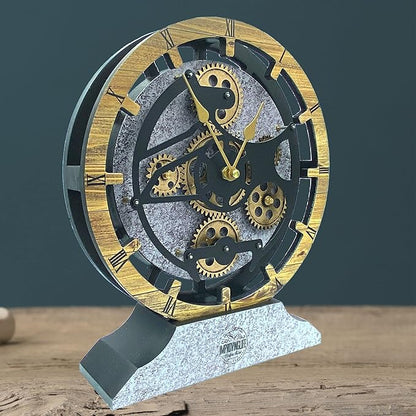 Desk Clock 10 inches with Real Moving Gears Convertible into Wall Clock (Brown and Grey)