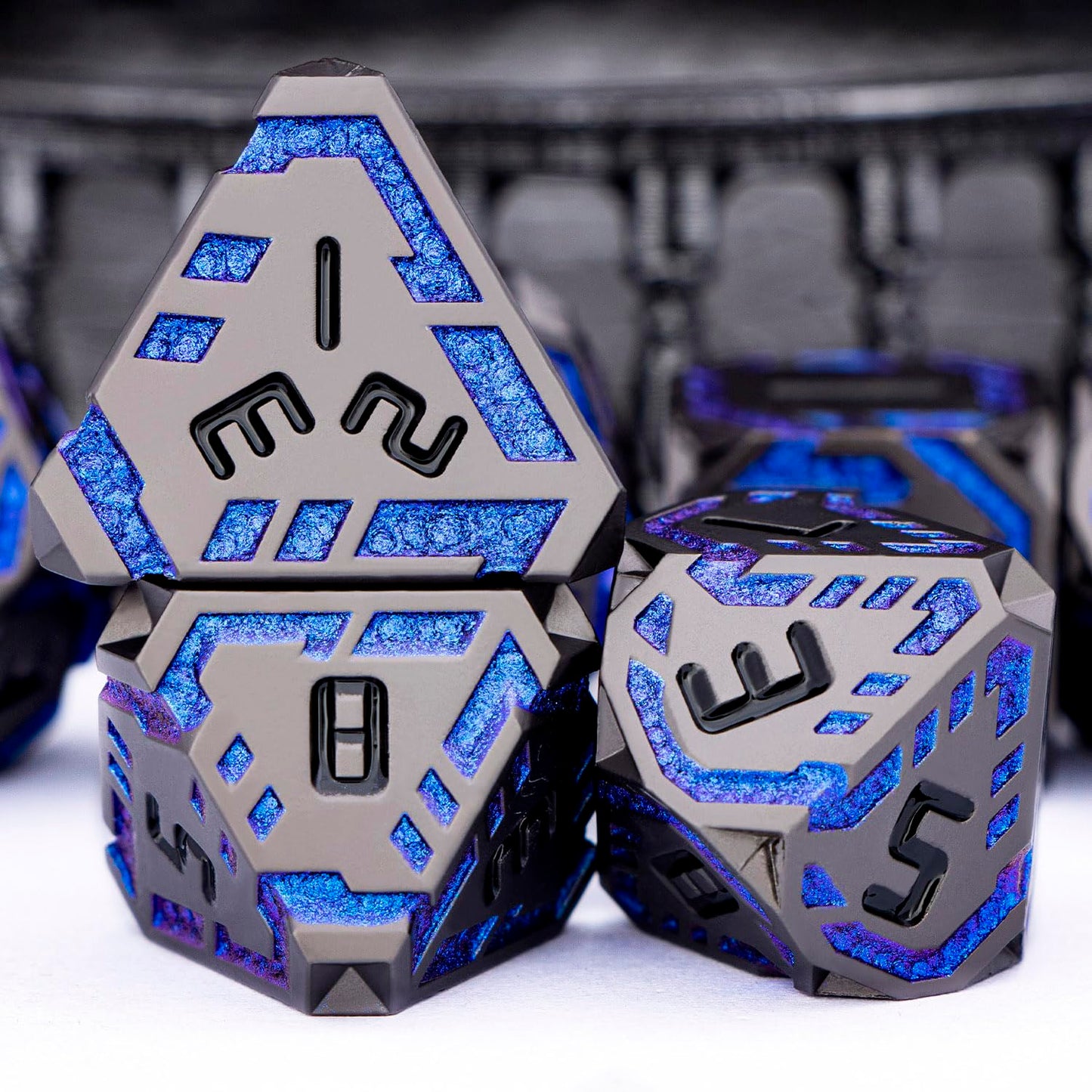 OGCOPHEN Metal DND Sci-fi Dice Set 7PCS Stripe Polyhedral Dice for Dungeons Dragons RPG Role Playing Game, Glitter D and D Dice with Gift Box D6 D8 D10 D12 D20 (Black&Blue Purple)
