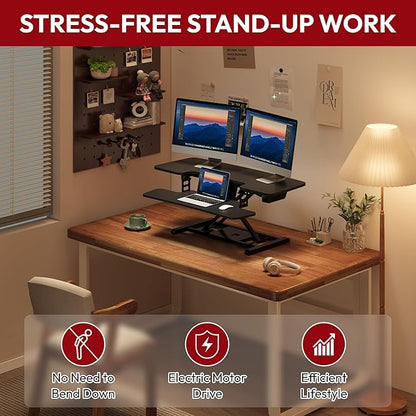 SANODESK 42" Electric Standing Desk Converter, Height Adjustable Riser for Office Home,Dual Monitor and Laptop Workstation with Large Keyboard Tray,Black Color