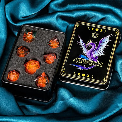 ARUOHHA Liquid Core DND Dice Set, 7pcs Resin Sharp Edged Dragons Dice Role Playing Games, RPG Orange Dungeons Polyhedral Dice with Gift Box D20 D12 D10 D8 D6 D4