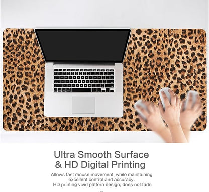 Lokigo Leopard Print Desk Pad, Brown Large Gaming Mouse Pad, Waterproof Rubber Base Mousepad for Desk with Stitched Edges DeskMatt for Laptop Gaming Office Work Study, 31.5"x15.7", Cheetah