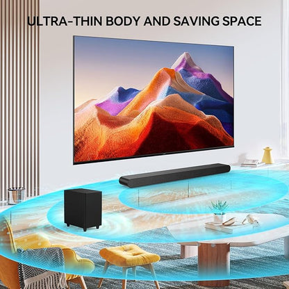 3.1CH Dolby Atmos Soundbar for Smart TV, 390w Virtual Atomos Surround Sound & Wired Subwoofer, 4K HDR Passthrough, HDMI/eARC Home Theater System
