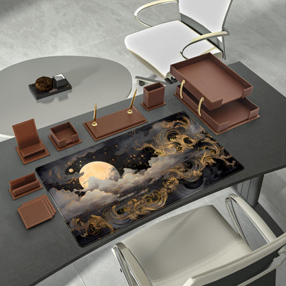 DKPXFG Golden Moon Desk Pad Black Desk Mat XXL Mouse Gaming Pads, Starry Sky Keyboard Pads Extra Large Desktop Computer Mats with Non-Slip Base & Stitched Edges, Vintage Office Decor 31.5" x 15.7"
